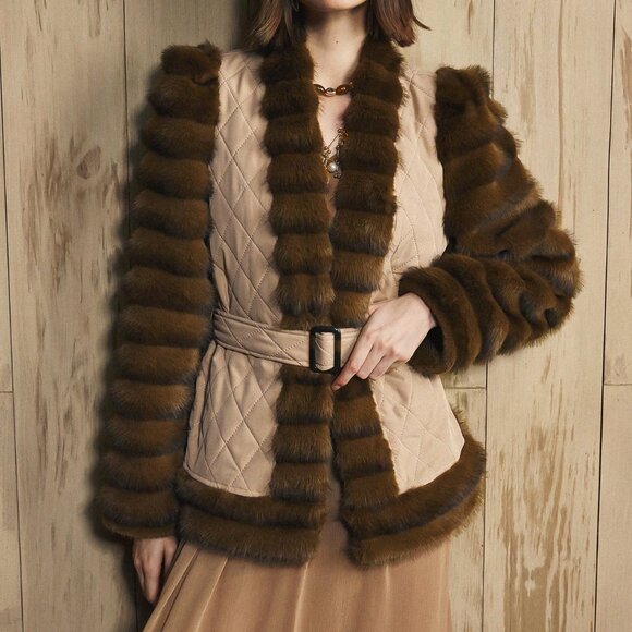 Khaki Casual Women's Quilted Fluffy Coat with Fake Fur - Picture 7 of 9